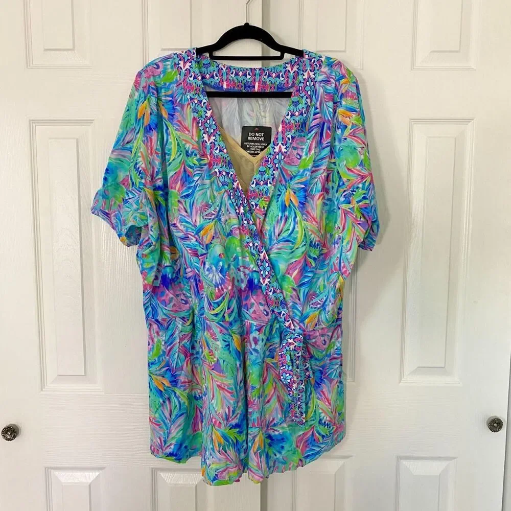 NWT Swim 365 Faux Wrap Tankini Top Tunic Rainbow Tie Dye Palm Size US 32 4XL